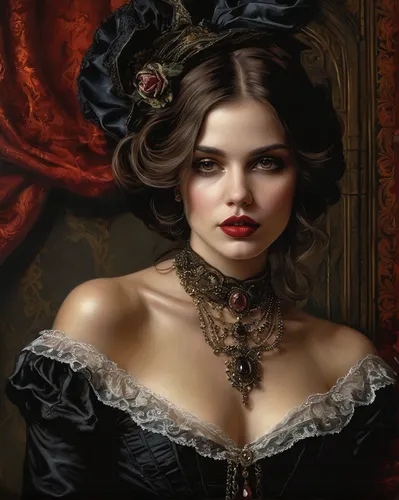 victorian lady,victorian style,gothic portrait,romantic portrait,the carnival of venice,gothic woman,vampire woman,queen of hearts,fantasy portrait,vampire lady,gothic fashion,steampunk,victorian fashion,black rose,fantasy art,venetian mask,the victorian era,black hat,masquerade,gothic style,Illustration,Realistic Fantasy,Realistic Fantasy 10