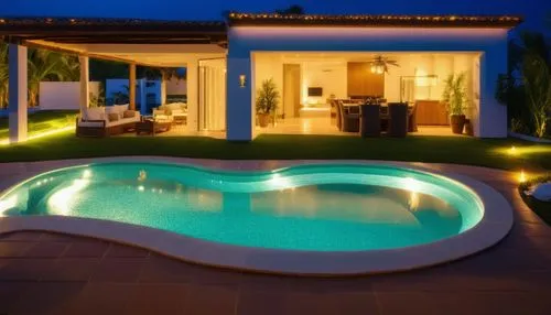 VILLA CON PISINA MINIMALISTA ACABADOS CLAROS AREA DE PARRILLERA Y ESTAR CON PERBOLAS DE MADERAS LUCES LED EN LA PISCINA CON VEGRATACION TROPICAL  HIPEREALISTA ,pool house,holiday villa,dug-out pool,ro