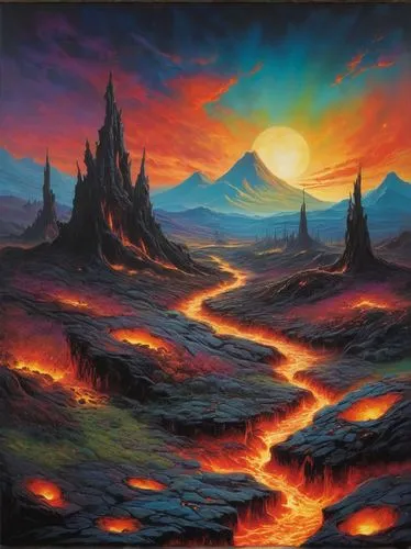 volcanic landscape,lava river,lava,volcanism,fire mountain,volcanic,Illustration,Realistic Fantasy,Realistic Fantasy 18