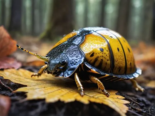 Imperial tortoise beetle, shiny black carapace, golden yellow stripes, delicate legs, antennae, macro photography, close-up, 3/4 composition, natural light, forest floor, autumn leaves, moss, ancient 