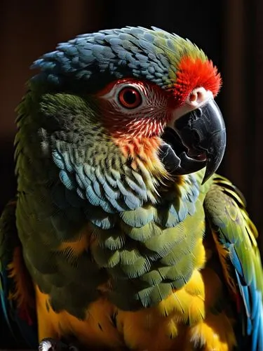 A parrot with a fierce look in its eyes in a mysterious atmosphere and dark lighting,the bird is colorfully colored sitting on a perch,caique,moluccan cockatoo,perico,rosella,pepita,kakariki parakeet,