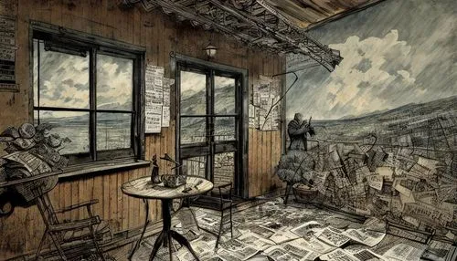 a room with many windows and a lot of papers on the floor,brodsky,kentridge,carel,burchfield,kurelek,abandoned room,Art sketch,Art sketch,Newspaper