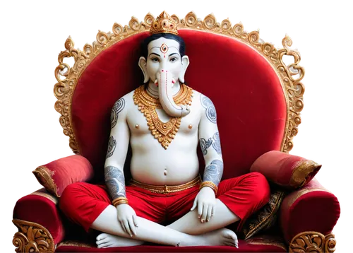 Ganesha, Indian god, remover of obstacles, sitting, crossed legs, red skin tone, four arms, intricate tattoos, golden crown, white elephant head, detailed eyes, auspicious thread around neck, ornate t