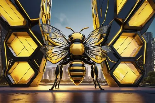 Bee-inspired futuristic architecture, sleek metallic structure, honeycomb patterned facade, intricate details, LED lights illuminating the exterior, grand entrance with bee-shaped gates, vibrant yello