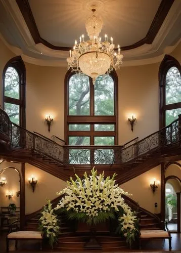 cochere,wedding hall,ballrooms,entrance hall,atriums,floral decorations,lobby,ballroom,staircase,reynolda,foyer,marylhurst,flower arrangement,interior decor,circular staircase,hotel hall,floral arrangement,wedding flowers,dandelion hall,driehaus,Illustration,Realistic Fantasy,Realistic Fantasy 41