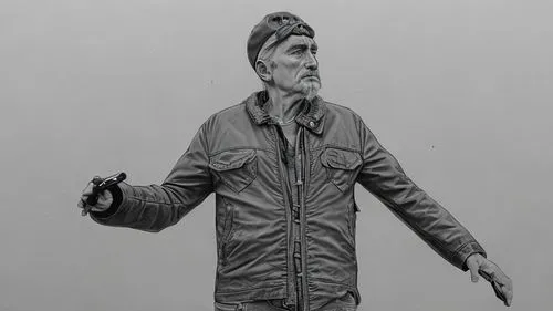 Dennis Hopper old looking,sculptor ed elliott,rain suit,pencil art,figure of paragliding,a wax dummy,advertising figure,wire sculpture,national parka,man with umbrella,raincoat,parka,pedestrian,charle