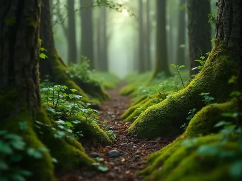 Moss green, natural scenery, forest floor, tiny plants, vines crawling, old tree trunks, misty atmosphere, soft warm light, serene ambiance, wooden texture, earthy smell, moss-covered stones, gentle s