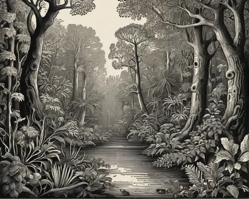 brook landscape,forest landscape,rainforest,swampy landscape,cartoon forest,riparian forest,the forests,tree grove,rain forest,forests,the forest,tree ferns,forest floor,garden of eden,forest path,jungle,mushroom landscape,tropical and subtropical coniferous forests,forest glade,madagascar,Illustration,Retro,Retro 24