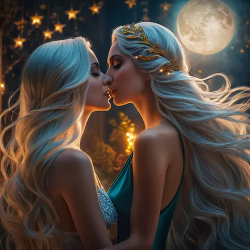 the moon and the stars,girl kiss,fantasy picture,blue moon rose,moon and star,celtic woman,celestial bodies,fairytales,kissing,amorous,fantasy art,sun and moon,stars and moon,a fairy tale,believe in m