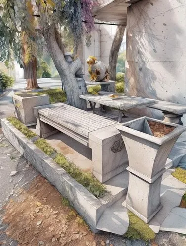 benches,sky space concept,garden bench,superadobe,renderings,concept art,mausoleum ruins,urban park,flower boxes,bench,futuristic landscape,stone bench,biopiracy,concrete,development concept,evagora,remodel,ecotopia,arcology,habitats