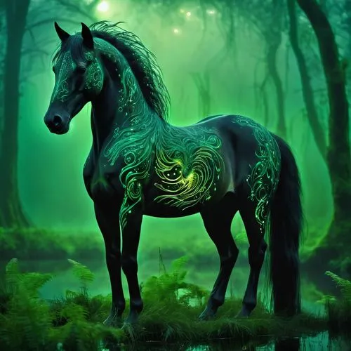 epona,painted horse,unicorn art,black horse,unicorn background,irish horse,Illustration,Realistic Fantasy,Realistic Fantasy 37