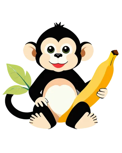 Cute monkey, simple line art, cartoon style, white face, big round eyes, small nose, smiling mouth, fluffy fur, sitting posture, holding banana, green leaves background, soft pencil sketch, minimalist