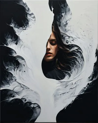 light and shadow, this canvas captures the essence of contrast, where every white lines sharpens the black silence,kahila garland-lily,oil painting on canvas,siren,immersed,fluid,mystical portrait of 