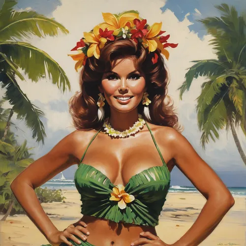 A young Raquel Welsh as a Hula Girl.,hula,luau,aloha,polynesian girl,sophia loren,piña colada,mai tai,tropic,ann margaret,joan collins-hollywood,hawaiian,polynesian,candy island girl,tahiti,margarita,