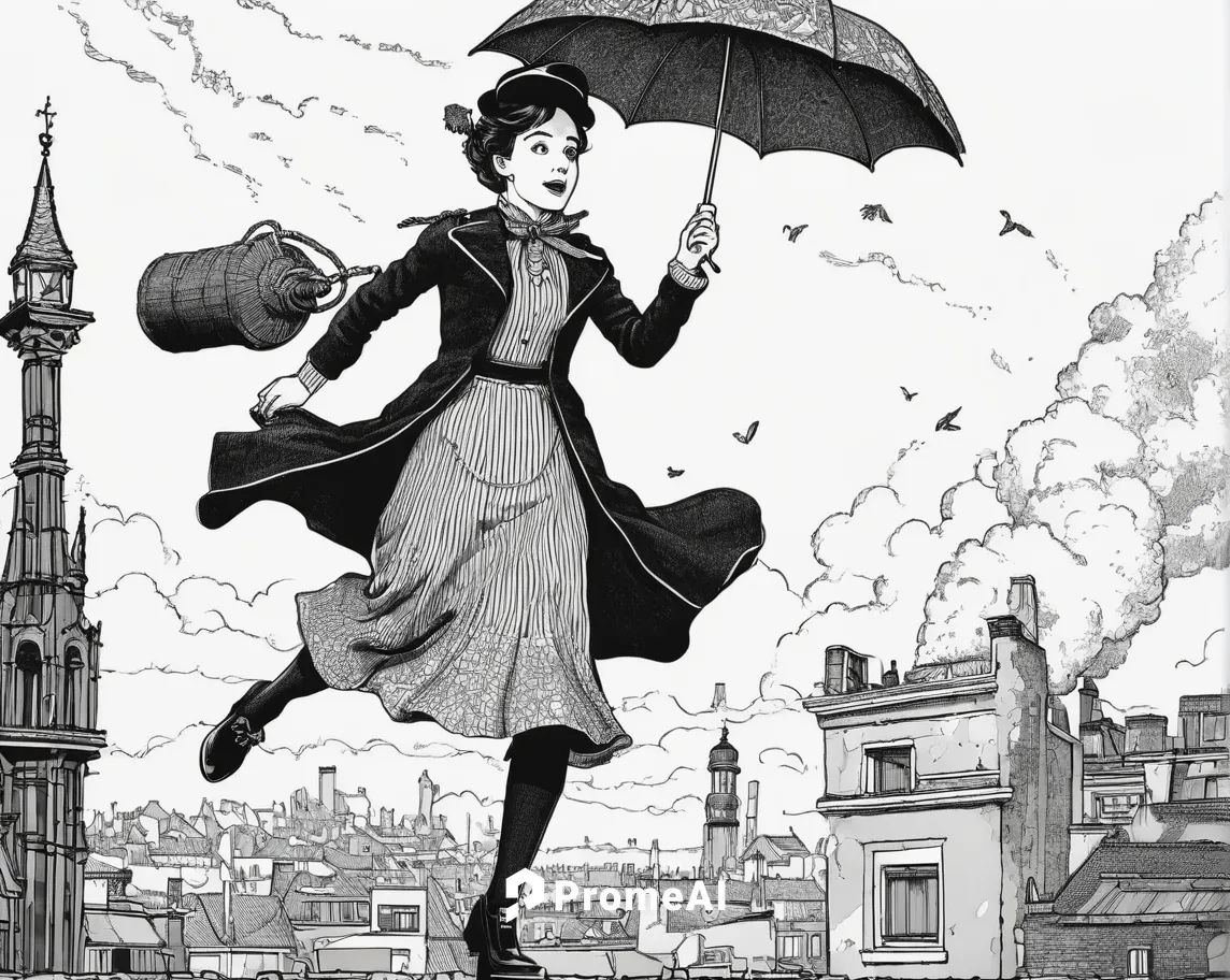 Write a thrilling chase where Mary Poppins uses her magical powers to outsmart the mischievous Jack the Chimney Sweep.,mary poppins,paris clip art,brolly,umbrella,flying girl,paris,victorian lady,vict