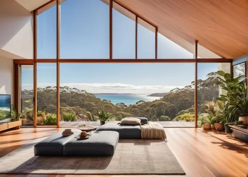 Modern Australian house, sleek design, angular lines, large glass windows, sliding doors, wooden floors, minimalist interior, floor-to-ceiling bookshelves, comfortable couch, abstract artwork, indoor 