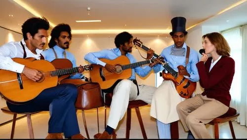 A group of student musicians and female and male chefs playing different musical instruments.,a group of people playing musical instruments together,rondalla,cavaquinho,qawwali,ilayaraja,sarangi,marga