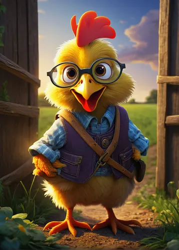 Write a lighthearted story about Chicken Little's misadventures in a farmyard.,chicken run,landfowl,cockerel,prairie chicken,fowl,chicken bird,chick,pubg mascot,gallus,the chicken,bird box,hen,yellow 