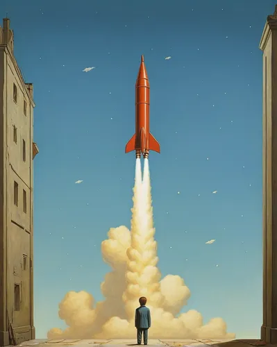 In a post-apocalyptic world, an ambitious rocketboy strives to find a way to escape to outer space.,startup launch,rocketship,growth hacking,launch,rocket ship,sci fiction illustration,lift-off,rocket