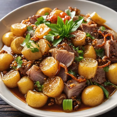 huaiyang cuisine,beef noodle soup,sweet and sour pork,navarin,korean side dish,siu yuk,braised pork rice,bún bò huế,tteok-bokki,tteok,fabada asturiana,anhui cuisine,beef hotpot,philippine adobo,beef soup,bánh bò,鲁肉饭,oden,gỏi cuốn,korean chinese cuisine,Photography,General,Realistic