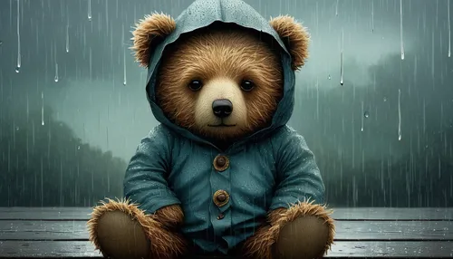 A cute teddy bear shedding tears in a rainy day,teddy bear crying,teddy bear waiting,raining,rainy day,fox in the rain,rain,raincoat,rainy weather,rainy,in the rain,rain suit,teddy-bear,raindops,heavy