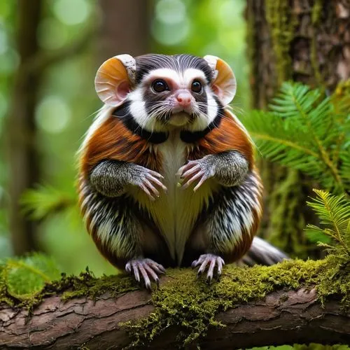 In the forest of a strange non-terrestrial planet a non-terrestrial creature reminiscent of a 50/50 combination of "Emperor Tamarin" and "Nine-Banded Armadillo" in equal parts and proportionate geneti