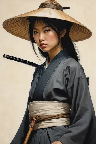 profile face of asian girl is wearing simple conical hat and elegant japanese traditional wear and is holding two razor sharp katana swords while standing in a Heiho Niten Ichi-ryu stance. unflinching