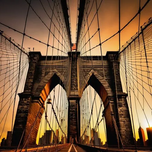 Brooklyn Bridge, historic landmark, iconic NYC architecture, steel suspension cables, Gothic-style towers, granite and limestone construction, majestic arches, pedestrian walkway, dramatic cityscape, 