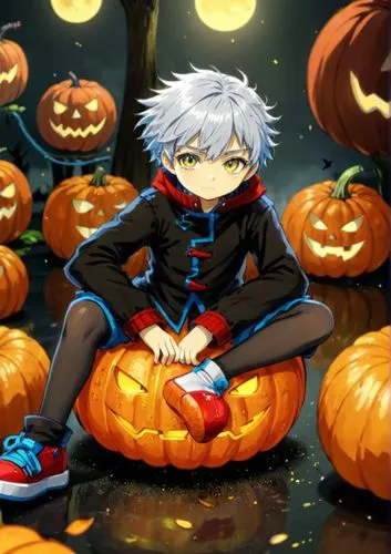 Niño sentado en calabaza ambiente de halloween gato negro y calabazas,the boy sits on a pumpkin near many oranges,halloween background,kaworu,shigaraki,suzuya,halloween wallpaper,michio,Anime,Anime,Tr