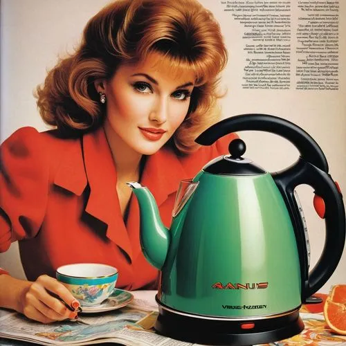 electric kettle,stovetop kettle,retro women,retro woman,coffeemaker,coffee maker,coffee pot,vacuum coffee maker,home appliances,retro girl,coffee percolator,kettle,vintage teapot,woman drinking coffee,french press,home appliance,vintage advertisement,vintage advert,teapot,kitchen appliance,Illustration,Paper based,Paper Based 11