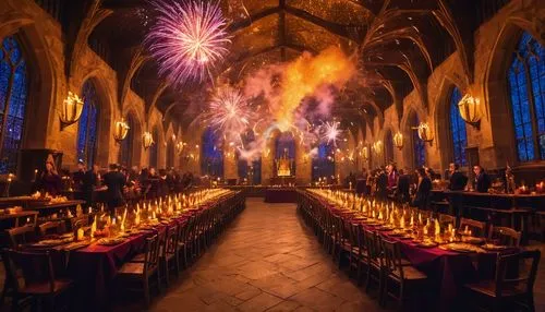 Hogwarts School of Witchcraft and Wizardry, grand magical party, evening atmosphere, warm golden lighting, floating candles, long wooden tables, fancy decorations, wizarding students, Gryffindor, Slyt