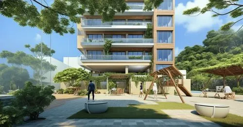 A small park beside a Residential Building,ecovillages,treehouses,ecovillage,sky apartment,residential tower,residencial,Photography,General,Realistic