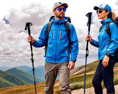 Hikers, trekking poles, backpack, worn-out hiking shoes, outdoor clothing, windbreaker jacket, cargo pants, baseball cap, sunglasses, rugged facial expression, sweaty forehead, strong legs, athletic p