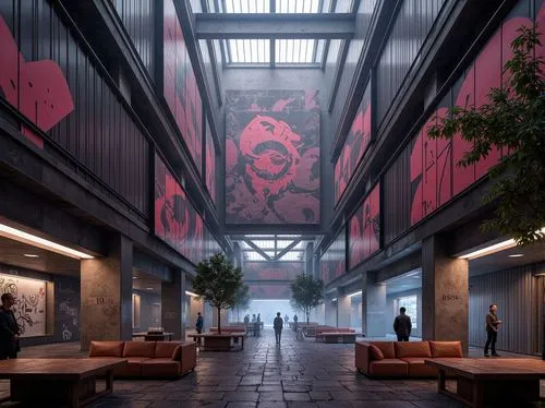 dojo,atriums,corridors,lobby,school design,hallway,courtyard,sky space concept,susukino,corridor,render,inside courtyard,factory hall,3d rendering,ryokan,renderings,futuristic art museum,art gallery,atrium,jigoku