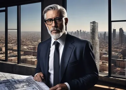 Mature male architect, 40s, bespectacled, short grey hair, beard, formal wear, black suit, white shirt, tie, holding blueprints, standing, studio, modern interior, wooden desk, leather chair, large wi