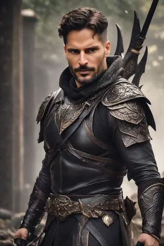 Joe Manganiello as The black dragon king wears black reinforced leather armor with dark bronze details, and a dragon skin cloak. His helmet has sharp horns, and he wears a belt with a long sword and a