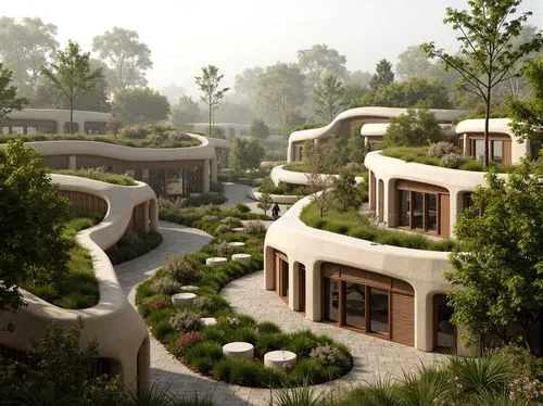 ecovillages,3d rendering,ecovillage,amanresorts,landscaped,earthship,render,terraces,ecotopia,bungalows,roof landscape,renders,landscaping,xerfi,auroville,townhomes,residential,terraced,landscape design sydney,dorne