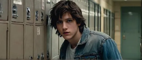 Donnie Darko, teenage boy, eerie atmosphere, close-up shot, haunting gaze, bright blue eyes, messy brown hair, pale skin, subtle facial scars, worn denim jacket, black tank top, ripped jeans, Converse