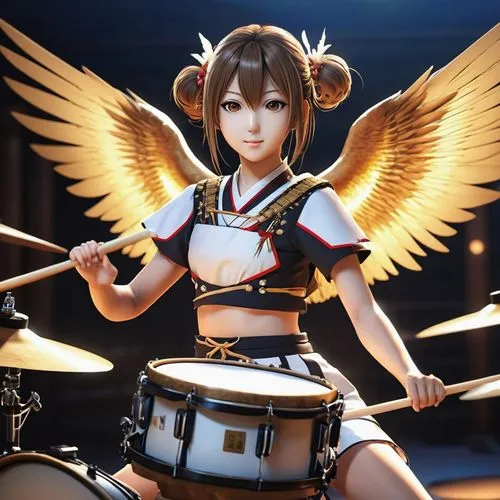 flying anime character,japanese style,girl,drums,an angel with big wings is playing the drums,harmonix,angel girl,satsuki,daiko,hoketsu,taiko,Photography,General,Realistic