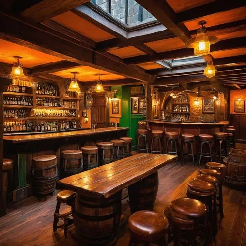 Cozy Irish pub interior, wooden floors, traditional Celtic patterns, warm candlelight, dark wood furniture, comfortable leather sofas, ornate wooden bar, Guinness beer taps, vintage whiskey barrels, r