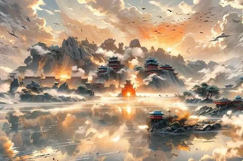 fantasy landscape,skyfire,tsuneo,volcanic lake,dalixia,guangzhao