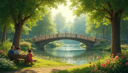 wooden bridge,scenic bridge,landscape background,idyllic,walk in a park,river landscape,nature background,nature landscape,romantic scene,hangman's bridge,park bench,idyll,fantasy landscape,world digital painting,adventure bridge,beautiful landscape,green landscape,landscape nature,angel bridge,summer day,Photography,General,Realistic