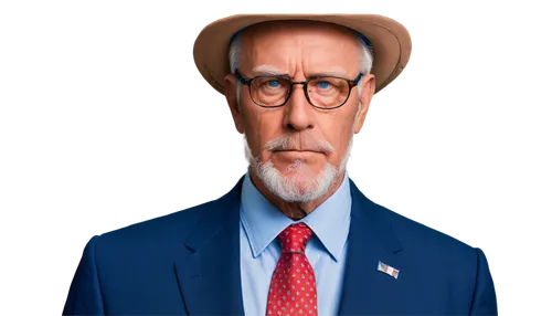 American flag, Uncle Sam hat, mature man, white beard, blue eyes, glasses, suit, red tie, presidential posture, serious expression, close-up shot, shallow depth of field, natural lighting, 3/4 composi