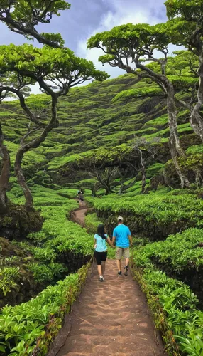 kauai,haleakala,jeju island,oahu,maui,azores,molokai,hawaii,the azores,napali,aloha,hiking path,hikers,heart tea plantation,ascension island,rapa nui,madeira,mountain hiking,hiking,tea field,Illustration,Japanese style,Japanese Style 15