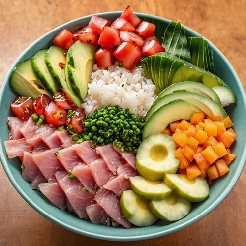 夏威夷州 (Hawaii) - 波克碗 (Poke Bowl),cobb salad,tuna salad,salad platter,salad plate,ham salad,avocado salad,mixed salad,pomelo salad,cut salad,ceviche,saladitos,green salad,sashimi,crudités,side salad,cev