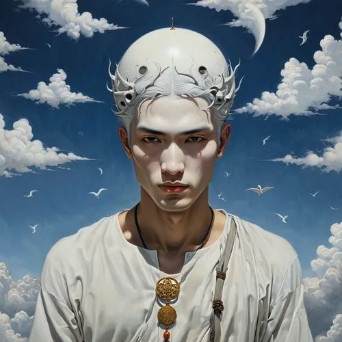 white pigeon,angel head,zodiac sign libra,apollo,clouds - sky,atlas,deity,apollo hylates,humanoid,pall-bearer,astral traveler,bodhisattva,transcendence,white pigeons,mind-body,high-wire artist,white head,capsule-diet pill,equilibrium,fantasy portrait,Illustration,Realistic Fantasy,Realistic Fantasy 07