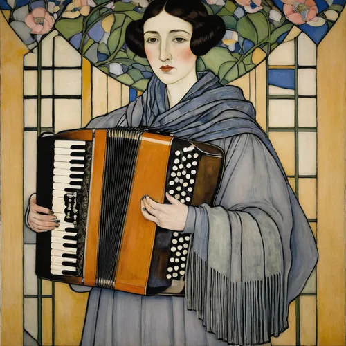 accordionist,accordion player,accordion,autoharp,melodica,button accordion,soprano,clavichord,art deco woman,bandoneon,woman playing,concertina,squeezebox,serenade,diatonic button accordion,art nouveau,charlotte cushman,harp with flowers,spinet,concerto for piano,Illustration,Retro,Retro 05