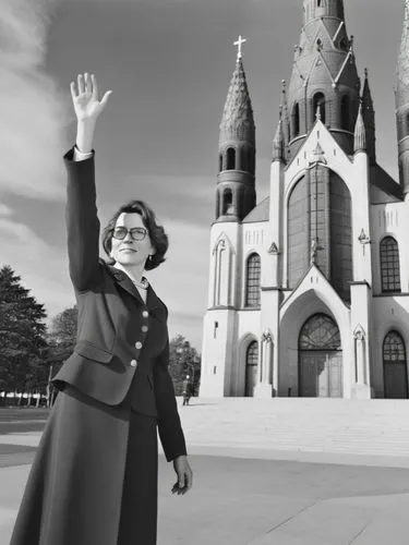 B&W photo: Ms. Eva H. in front of the Kaiser Wilhelm Memorial Church in Berlin.,a lady in a black dress is holding her hand up,bhumibol,hesburgh,pleasantville,clergywoman,canonization,msgr,Photography