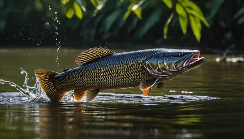 (rim lighting,beautiful lighting,morning lighting),Snakehead fish jumping out of the river to the air to eat insects.,common carp,freshwater fish,brocade carp,northern largemouth bass,forest fish,arap