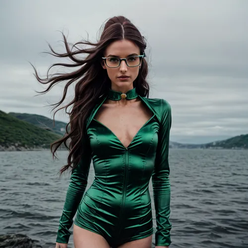 a woman in a green swimsuit by the water,green dress,in green,green,mera,hela,latex